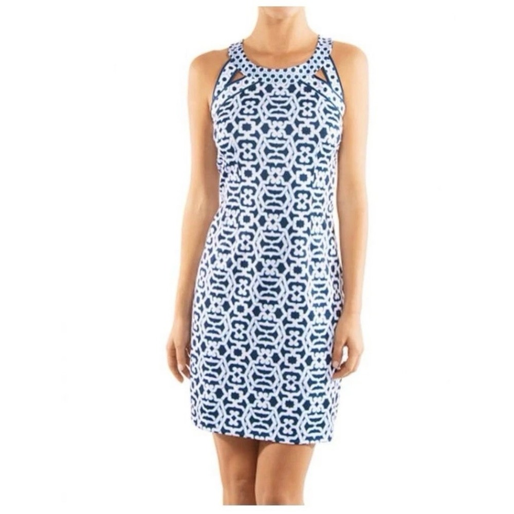 Gretchen Scott Navy Blue‎ Strappy Sleeveless Isosceles Geometric Dress SMALL